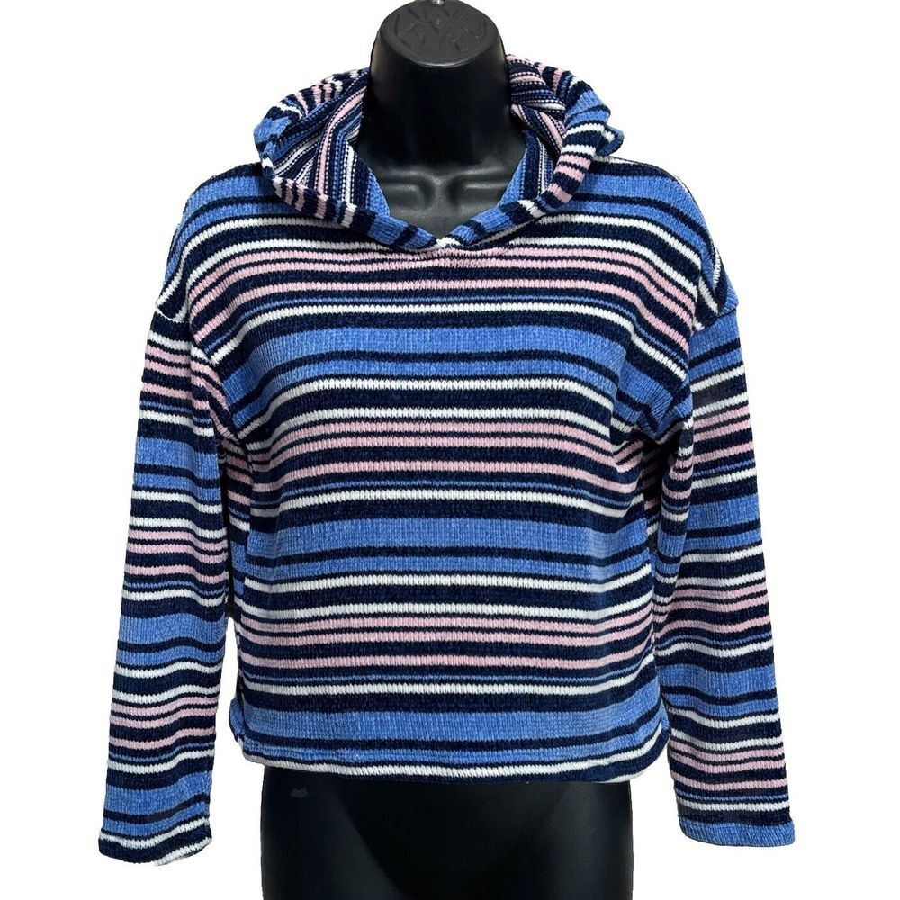 Unbranded Blue/Pink/White Striped Chenille Hood Sweater Long Sleeve See Measure‎